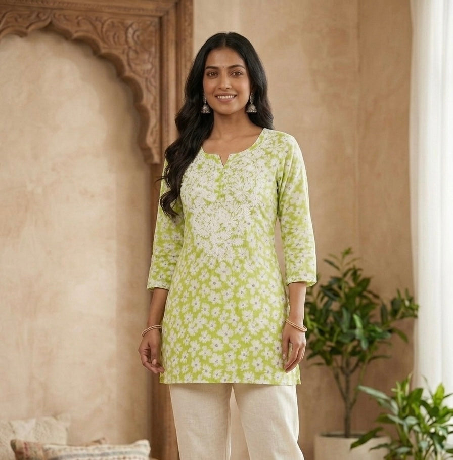 Women's Lime Green Floral Print Cotton Short Kurti with White Chikankari Embroidery