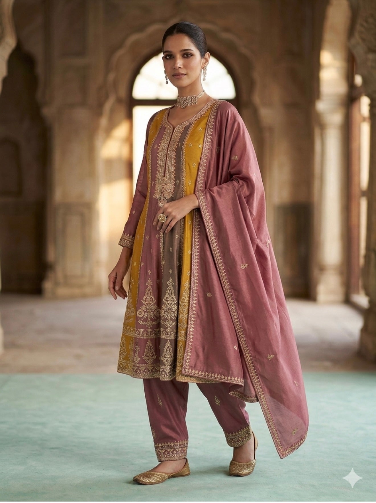 Satin Sheen Gold Designer Premium Silk Salwar Suit
