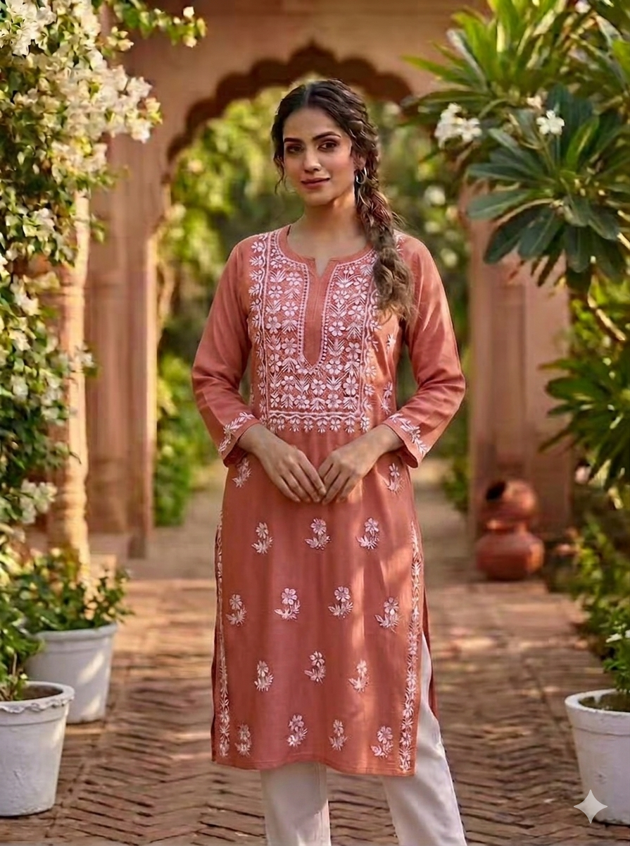 Dark Peach Handcrafted Chikankari Kurta with White Floral Embroidery