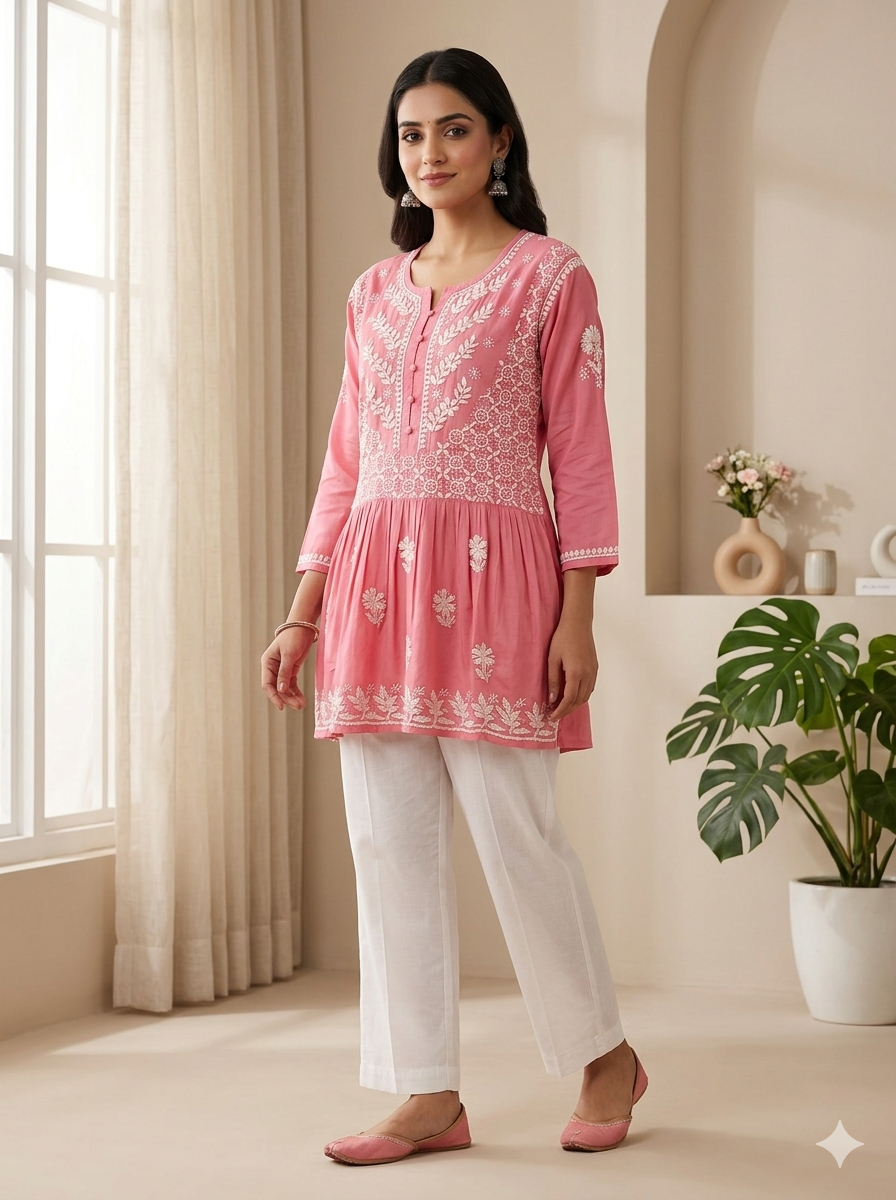 Pink Chikankari Peplum Short Kurti