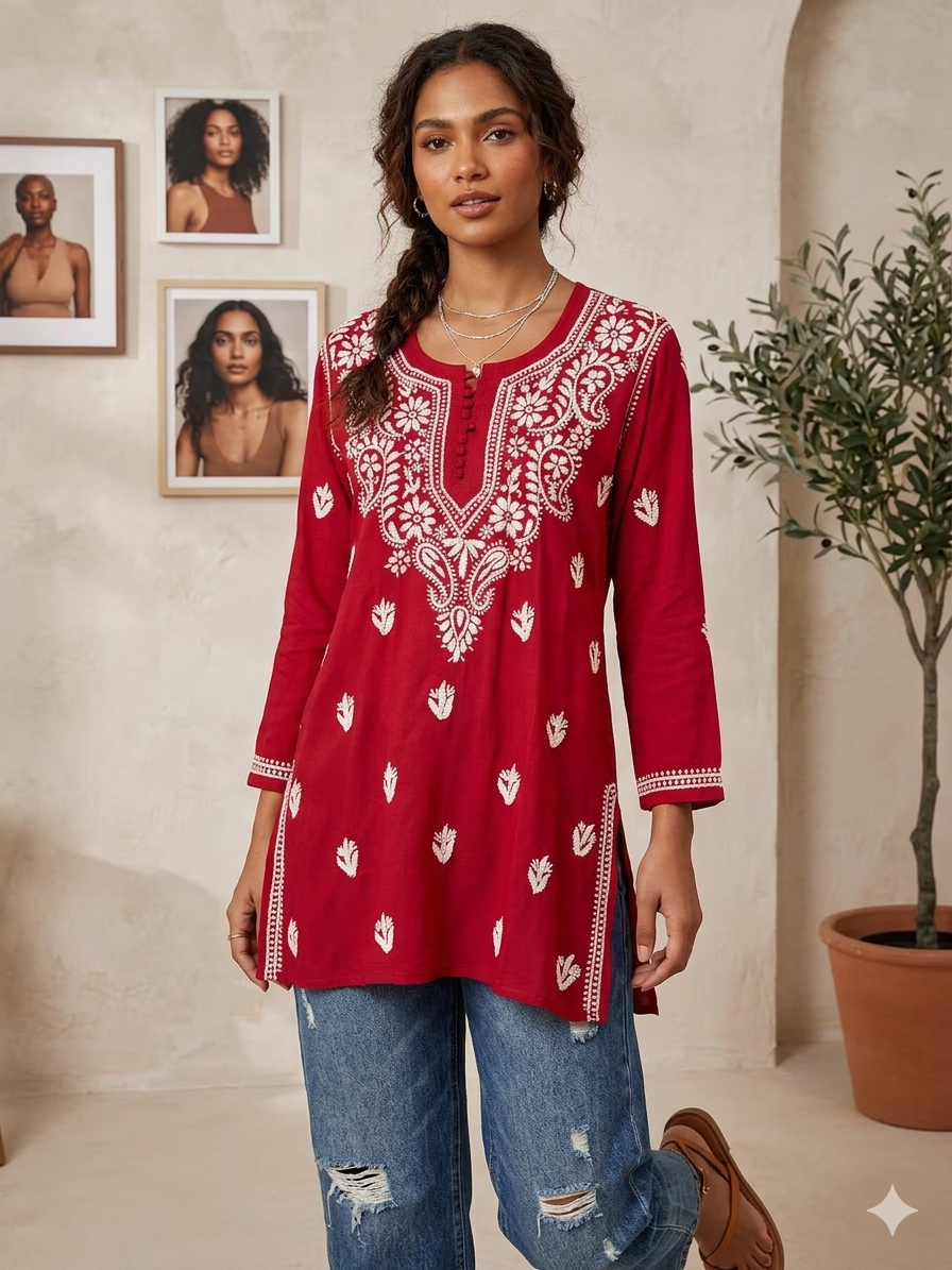 Women’s Maroon Chikankari Embroidered Short Kurti