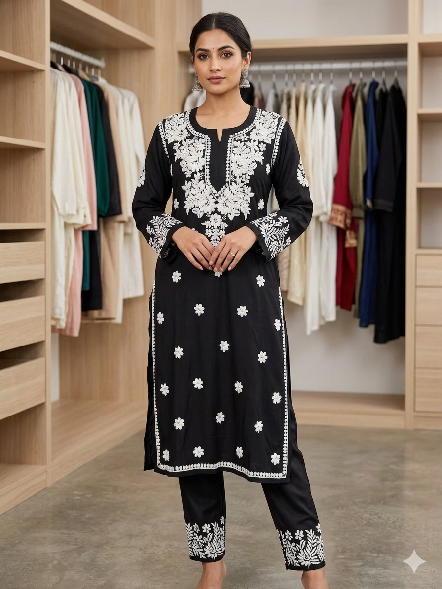 Hand-Embroidered Black Lucknowi Chikankari Kurta and Straight Pant Set