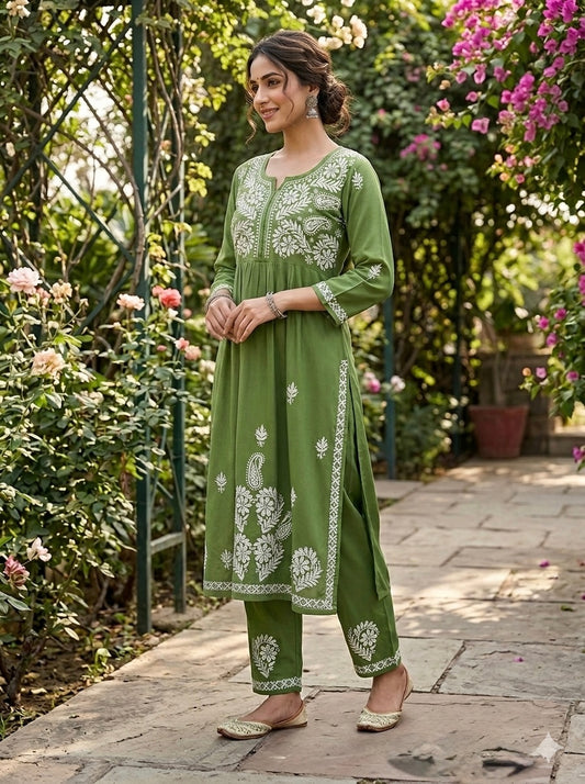 Olive Green Rayon Cotton Naira Cut Kurti Set with Lakhnavi Chikankari Embroidery and Pants