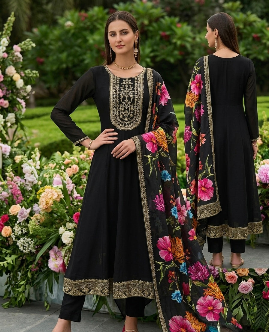 Embroidered Silk Anarkali Suit with Digital Floral Print Dupatta