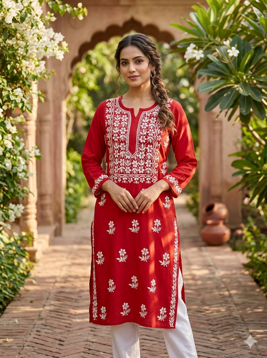 Cotton Chikankari Solid Women's Long Kurta - Red