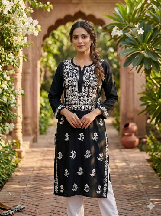 Lucknowi Chikankari Hand Embroidered Rayon Cotton Kurti