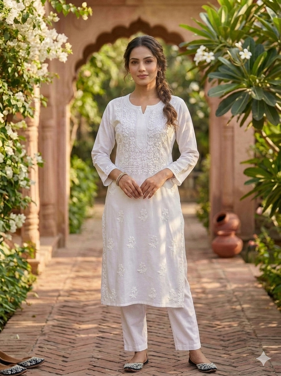Hand embroidered white cotton lucknowi chikankari straight Kurti
