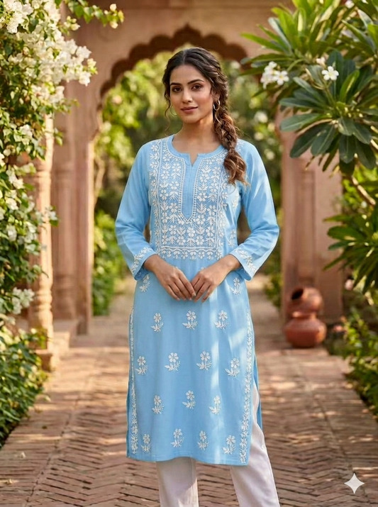 Hand Embroidered Sky Blue Lucknowi Chikankari Straight Kurta