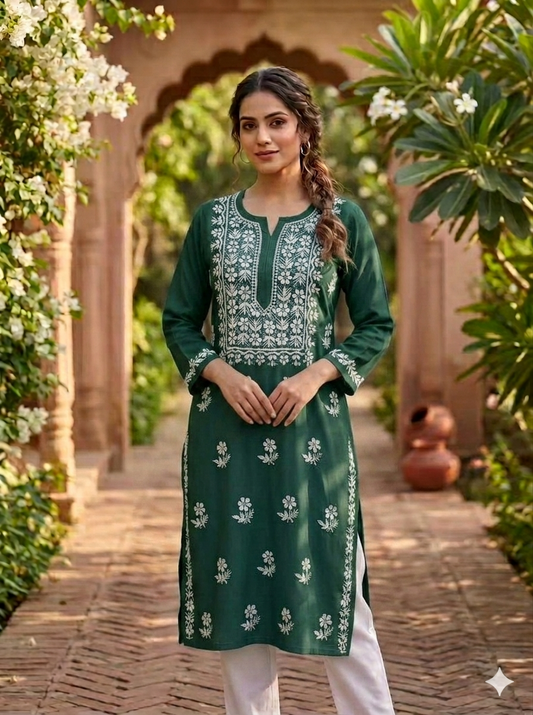 Premium Bottle Green Lucknowi Chikankari Straight Kurta for Women