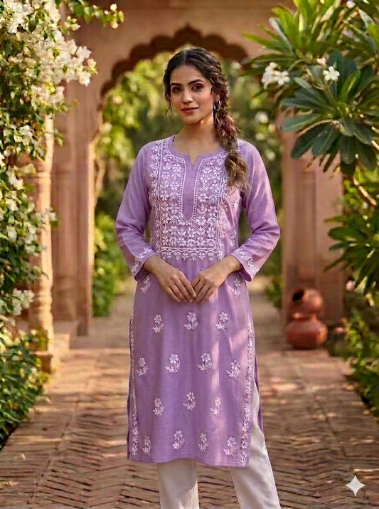 Hand-Embroidered Lavender Lucknowi Chikankari Cotton Long Kurti