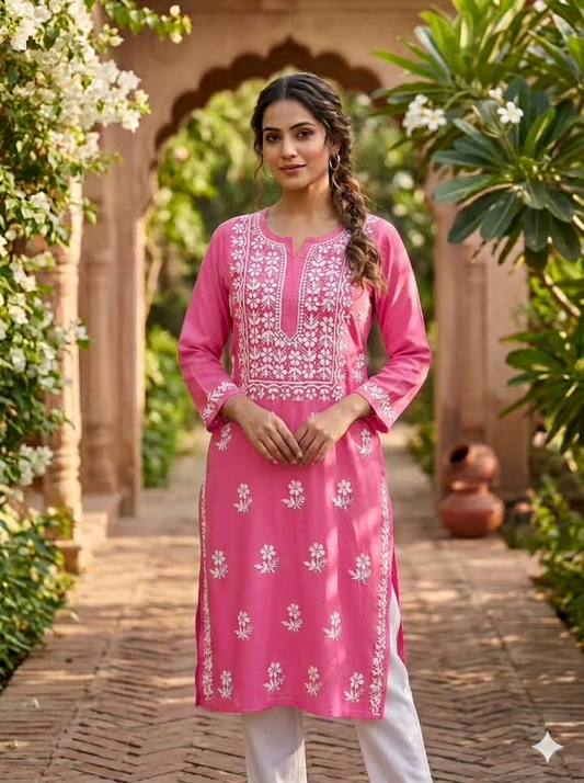 Pastel Pink Chikankari Long Kurti with Intricate White Floral Threadwork