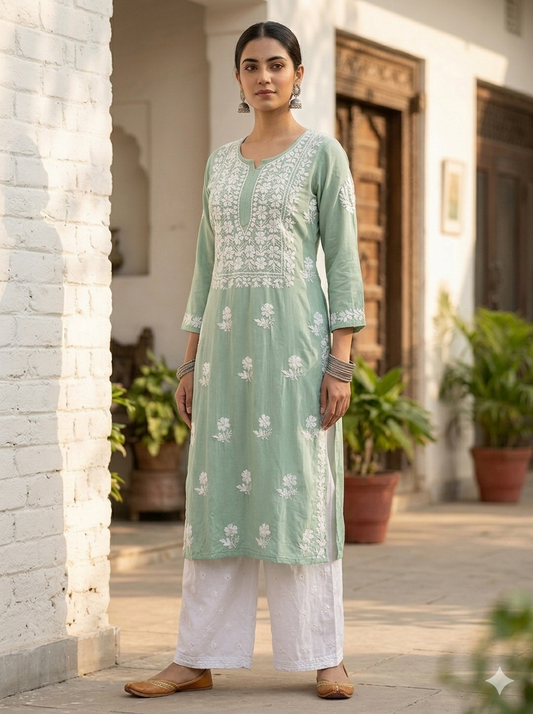 Pista Green Hand-Embroidered Lucknowi Chikankari rayon cotton Kurti
