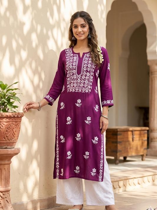 Deep Purple Lucknowi Chikankari Kurta for Women | Handcrafted Rayon Cotton Long Kurti