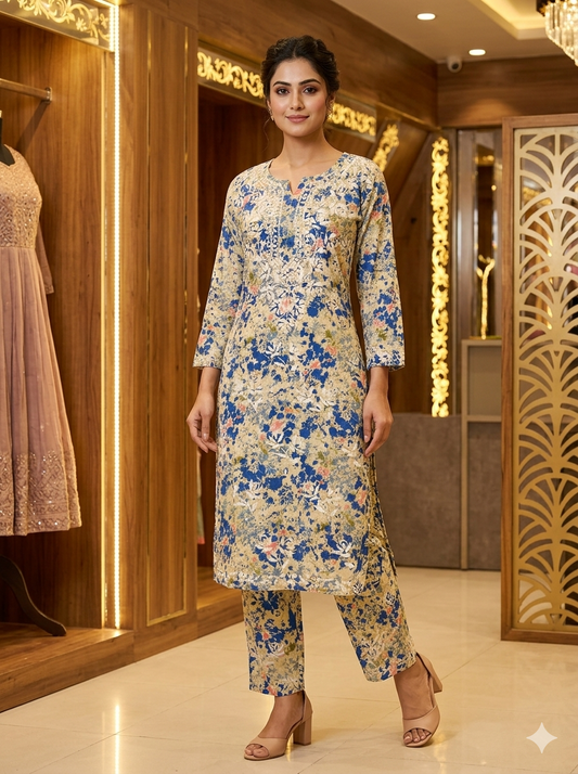 Elegant Floral Print Co-Ord Set with Chikankari Embroidery
