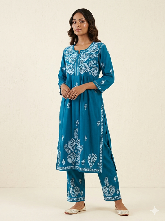 Handcrafted Teal Blue Chikankari Naira Cut Kurti Set with Embroidered Pants