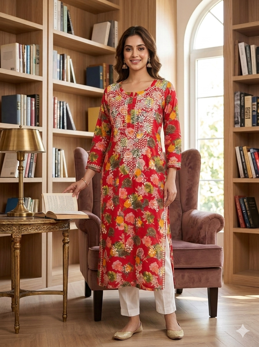 Scarlet Floral Printed Cotton Straight Kurti with White Embroidery