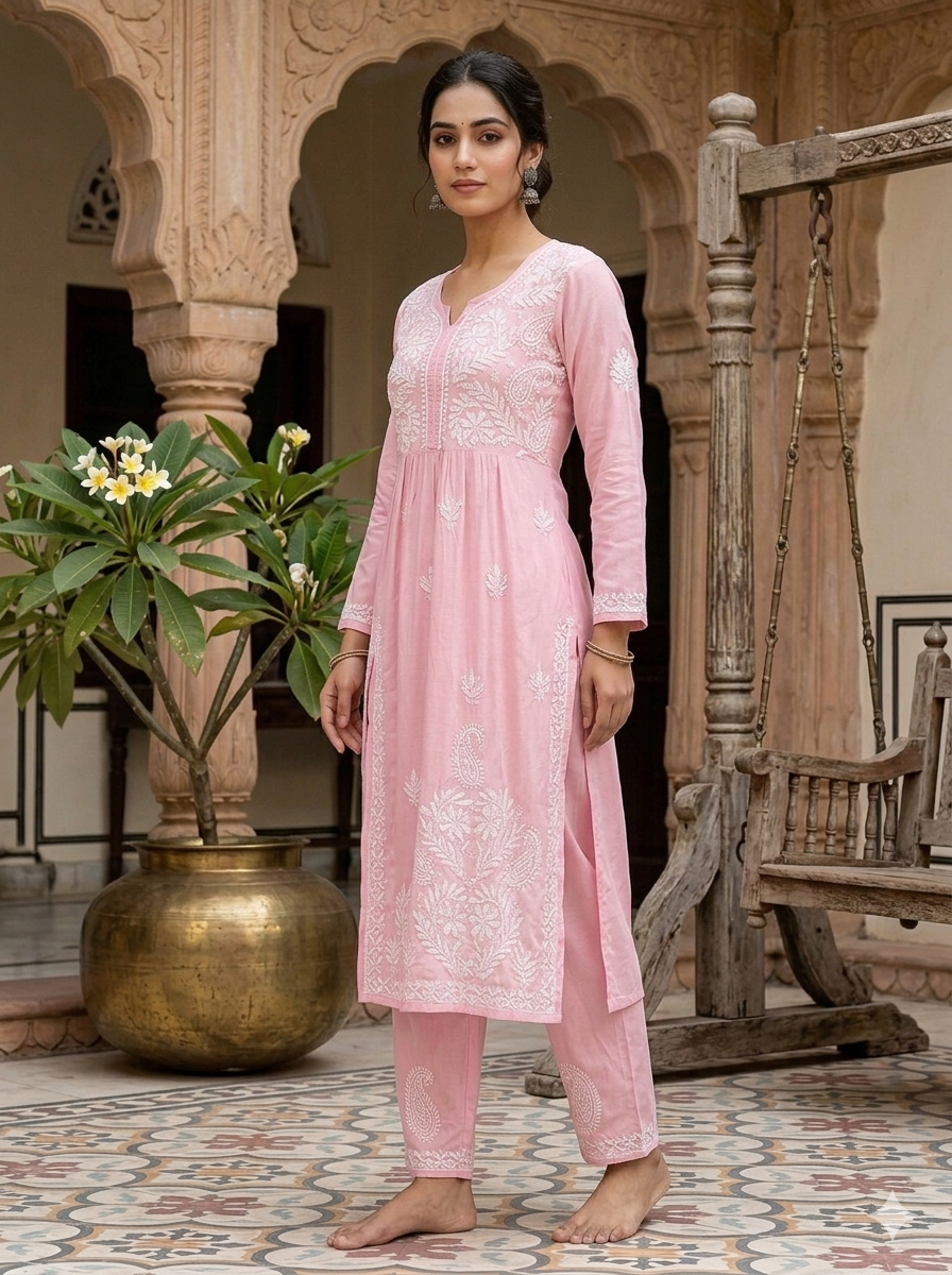 Pastel Pink Embroidered Nyra Cut Kurta and Pant Co-ord Set