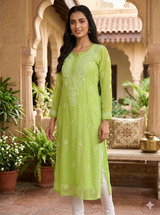 Lime Green Hand-Embroidered Chikankari Kurti On Georgette
