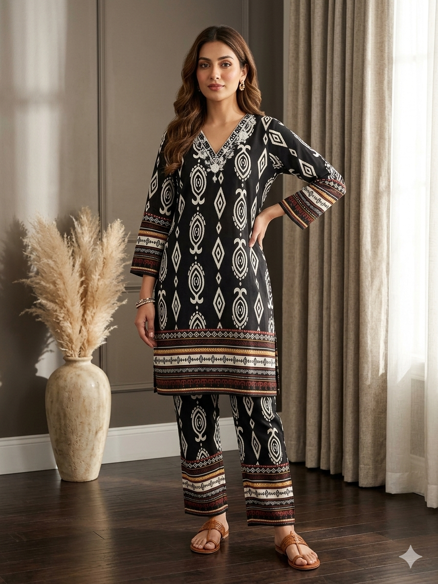 Black Ikat Geometric Print Tunic & Trouser Co-Ord Set