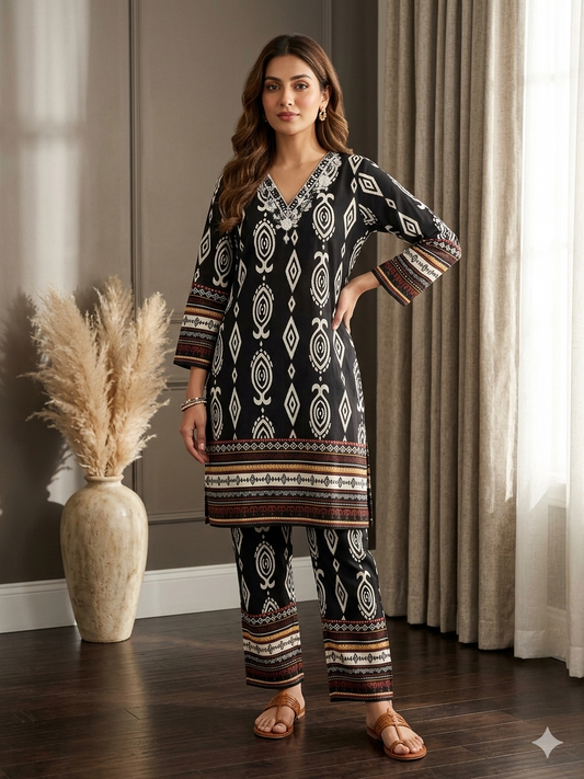 Black Ikat Geometric Print Tunic & Trouser Co-Ord Set