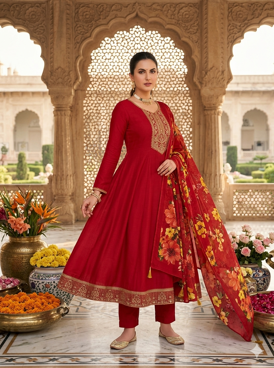 Embroidered Silk Anarkali Suit with Digital Floral Print Dupatta