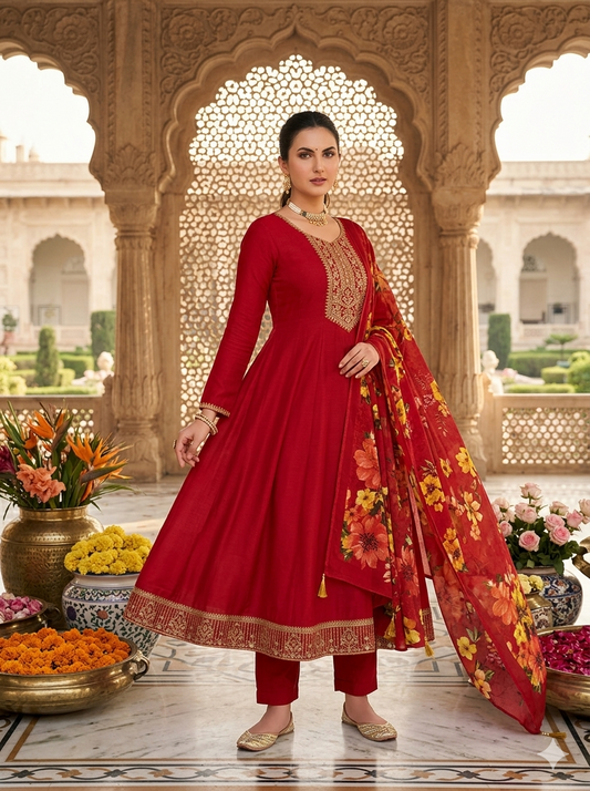 Embroidered Silk Anarkali Suit with Digital Floral Print Dupatta