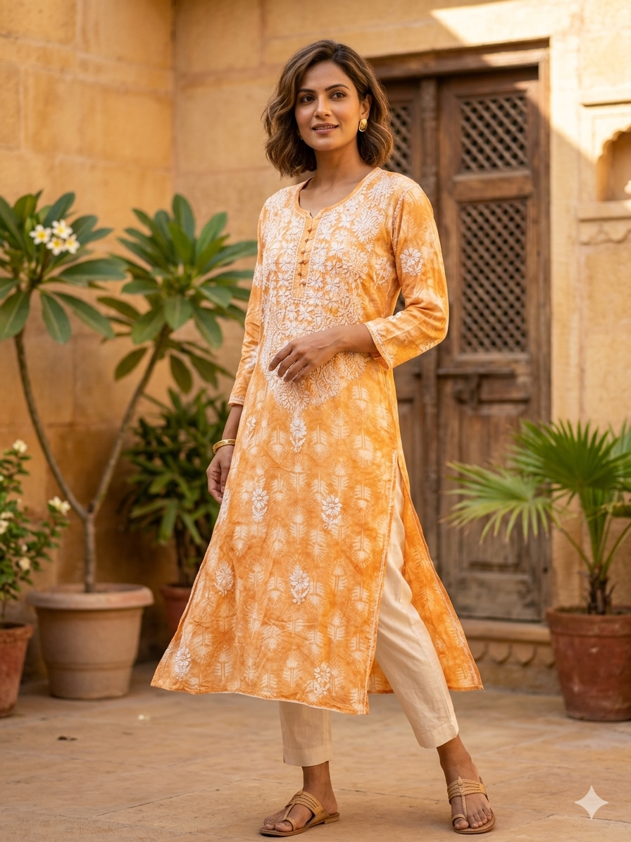 Hand-Embroidered Lucknowi Chikankari Straight Kurta in Tie-Dye Orange