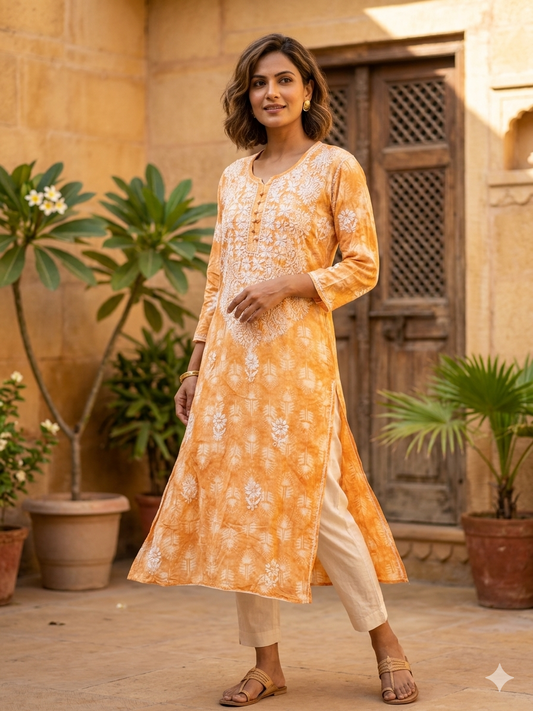 Hand-Embroidered Lucknowi Chikankari Straight Kurta in Tie-Dye Orange