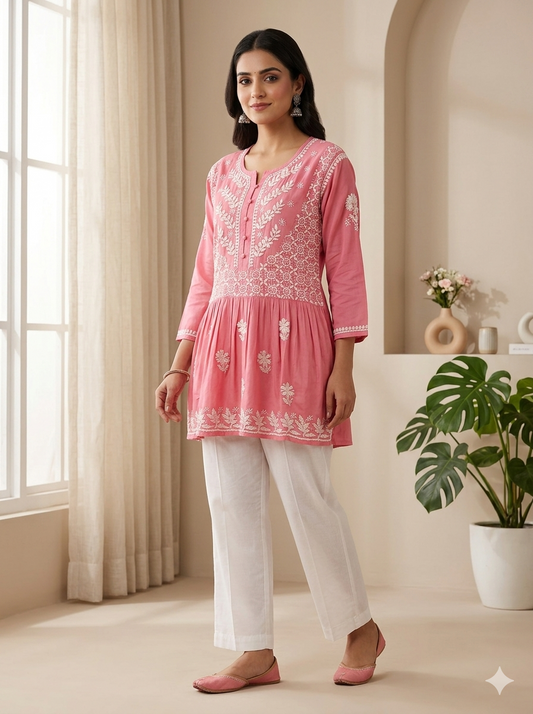 Pink Chikankari Peplum Short Kurti