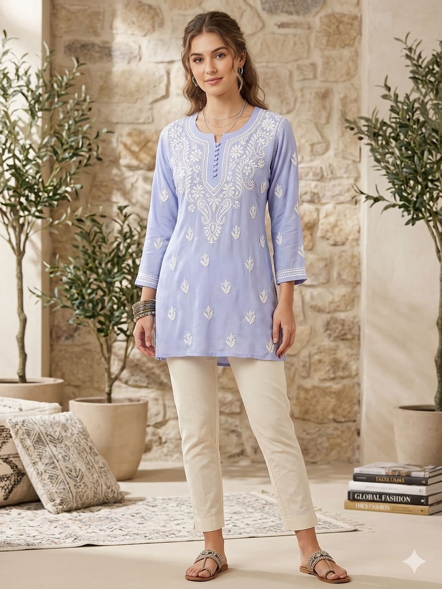 Lavender Hand-Embroidered Chikankari Short Kurti