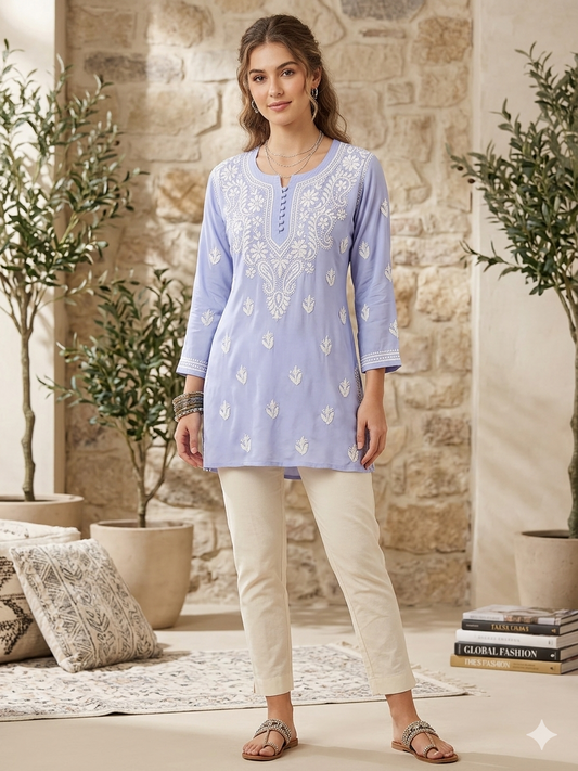 Lavender Hand-Embroidered Chikankari Short Kurti
