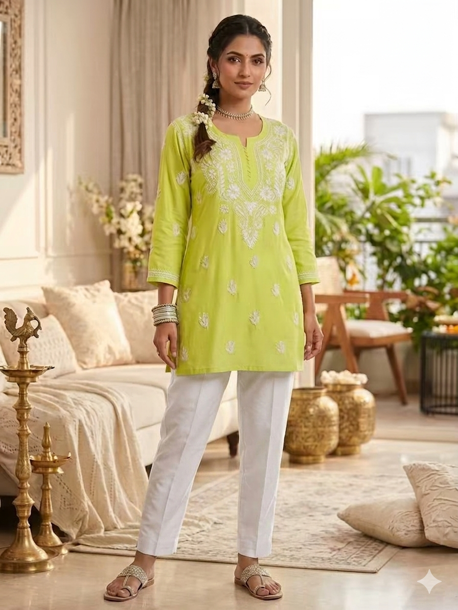 Lime Green Hand-Embroidered Chikankari Kurti