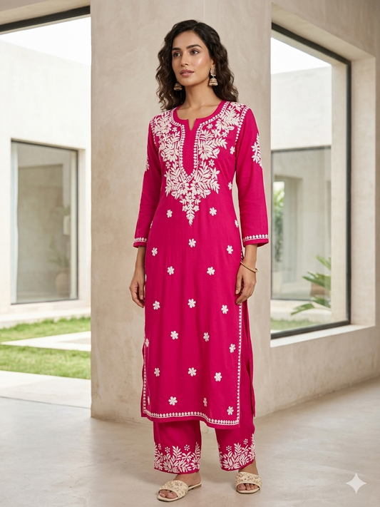 Lucknowi Chikankari Women's Magenta Rayon Straight Kurta with Pants Co-ord Set