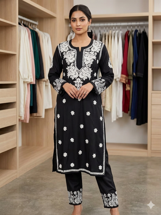 Hand-Embroidered Black Lucknowi Chikankari Kurta and Straight Pant Set