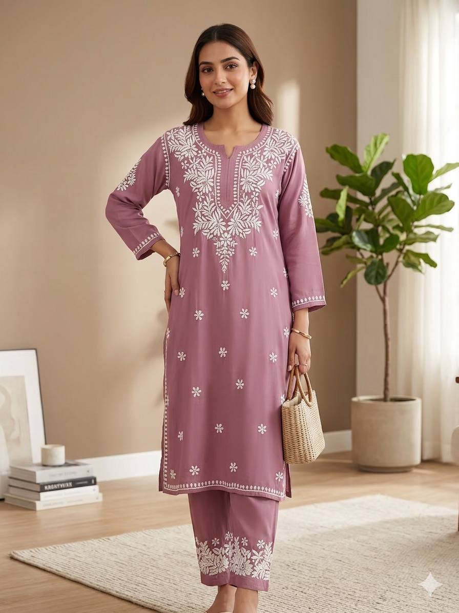 Women's Lucknowi Chikankari Embroidered Straight Kurta with Trousers Set